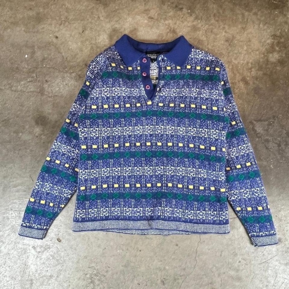 Nordstrom Vintage Wool Angora Blue Fair Isle Polo Sweater Womens XS